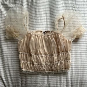 Alice & Olivia Ashlyn Cropped Top smocked tulle champagne colored puff sleeves